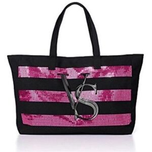 Victoria's Secret Black Tote with Pink Sequin Stripes